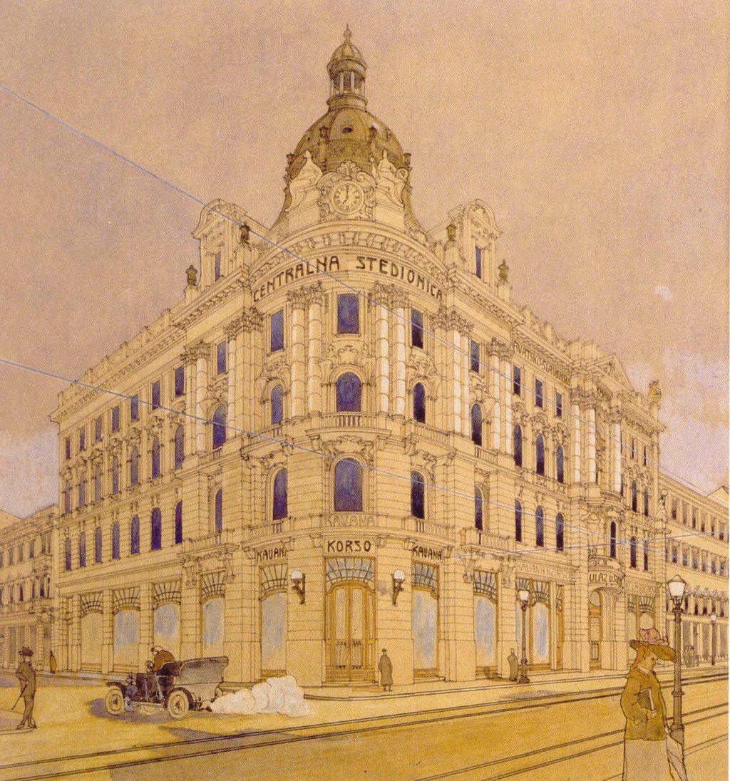 Projekt Hrvatsko-slavonske zemaljske centralne štedionice s kavanom Corso 1905.-1907. godine (Vjekoslav Bastl, Otto Goldscheider i Ivan Štefan za Honigsberg i Deutsch)